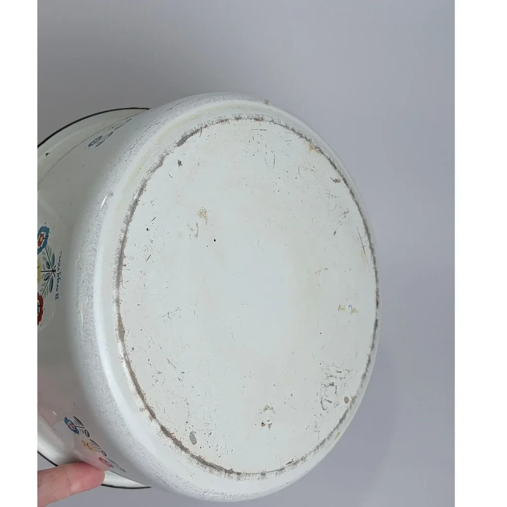 Vintage‎ Berggren Enamelware Stock Pot Scandinavian Folk Art Rooster White 8in